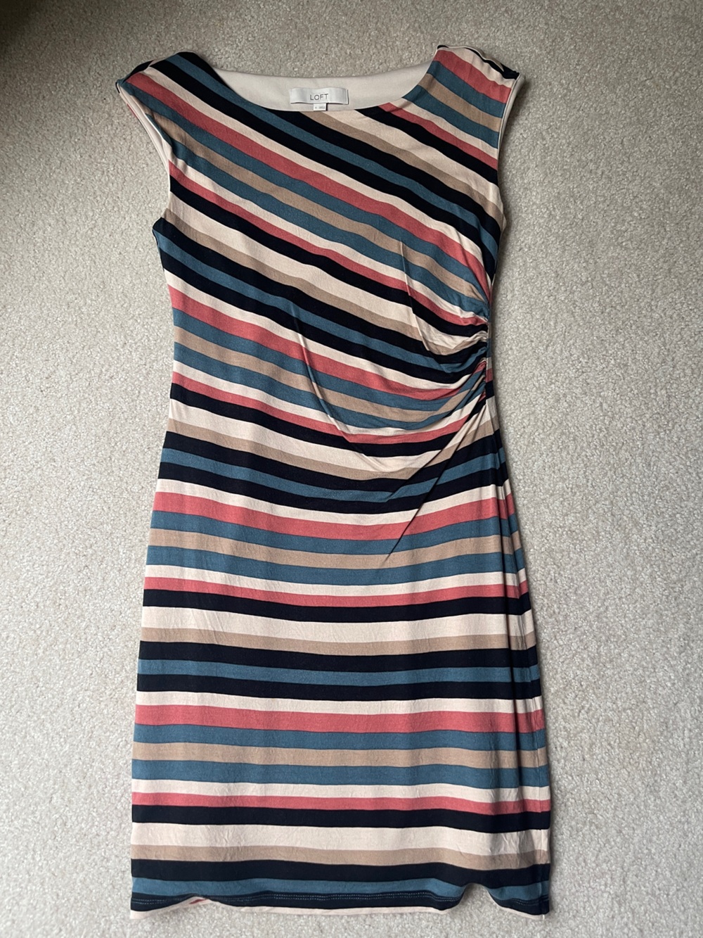 LOFT Striped Midi Dress in Navy, Coral, Teal & Beige